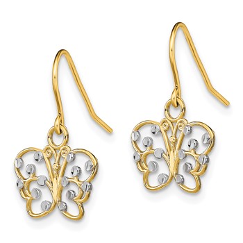 14K and White Rhodium Diamond-cut Filigree Butterfly French Hook Earrings — alternate view