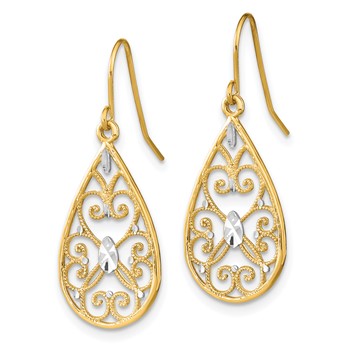 14K and White Rhodium Diamond-cut Filigree Teardrop Dangle French Hook Earrings — alternate view