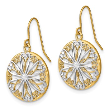 14K and White Rhodium Filigree Medallion Dangle French Hook Earrings — alternate view