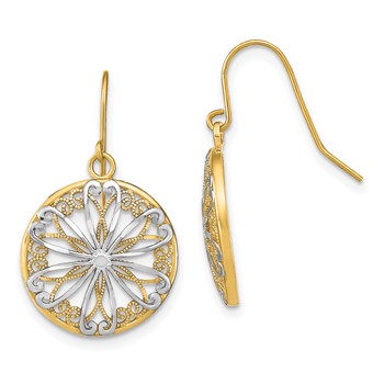 14K and White Rhodium Filigree Medallion Dangle French Hook Earrings