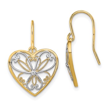 14K and White Rhodium Polished Filigree Heart French Hook Earrings