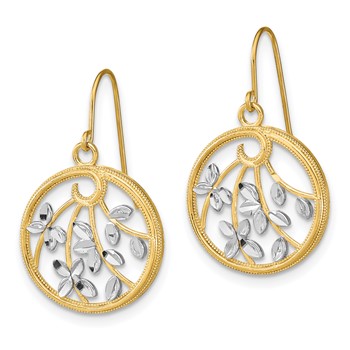 14K and White Rhodium Diamond-cut Leaves in Circle Dangle French Hook Earrings — alternate view