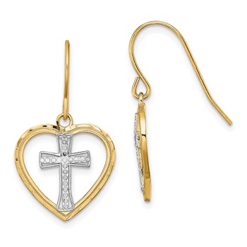 14K and White Rhodium Cross In Center Heart Dangle French Hook Earrings