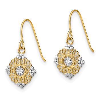 14K and White Rhodium Square Filigree Medallion Dangle French Hook Earrings — alternate view