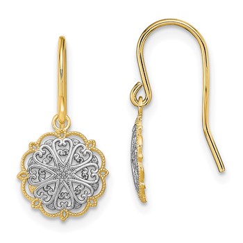14K and White Rhodium Fancy Medallion Dangle French Hook Earrings