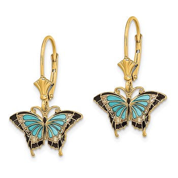 14K with Aqua and Black Enameled Wings Butterfly Dangle Leverback Earrings — alternate view
