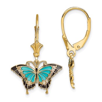14K with Aqua and Black Enameled Wings Butterfly Dangle Leverback Earrings
