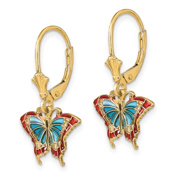 14k with Blue and Red Enameled Wings Butterfly Dangle Leverback Earrings — alternate view