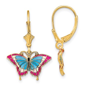 14k with Blue and Red Enameled Wings Butterfly Dangle Leverback Earrings
