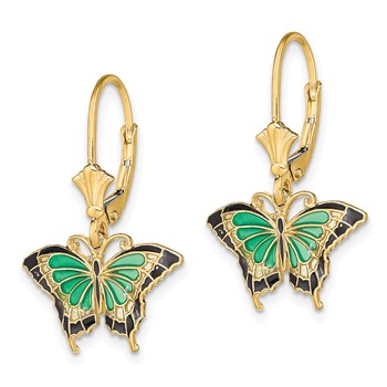 14K with Green and Black Enameled Wings Butterfly Dangle Leverback Earrings — alternate view