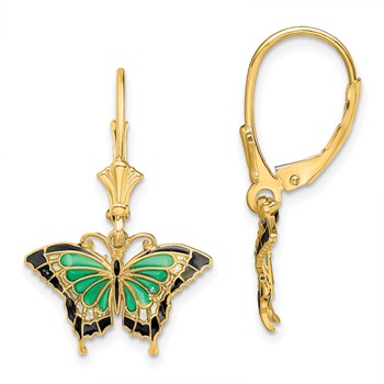 14K with Green and Black Enameled Wings Butterfly Dangle Leverback Earrings