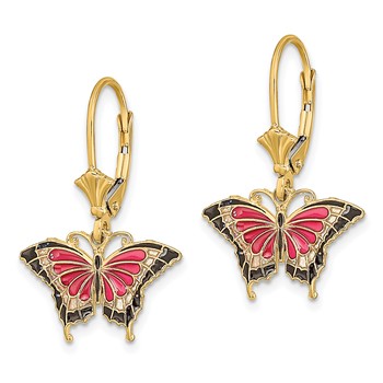 14K with Pink and Black Enameled Wings Butterfly Dangle Leverback Earrings — alternate view
