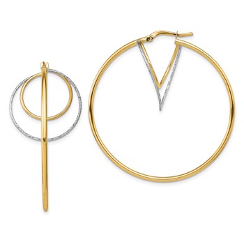 14k w/ White Rhodium Diamond-cut Twisted Circles Inside Hoop Earrings