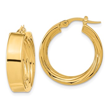14K 5.5x22mm Polished and Textured Inside Tube Hoop Earrings