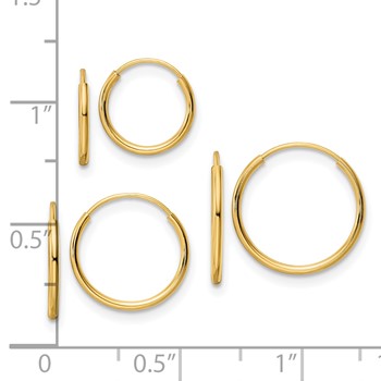 14k Polished 3-pair 1x14/12/10mm Endless Tube Hoop Earring Set — alternate view