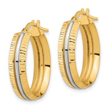 14K with White Rhodium Center Polished Oval Hoop Earrings — alternate view