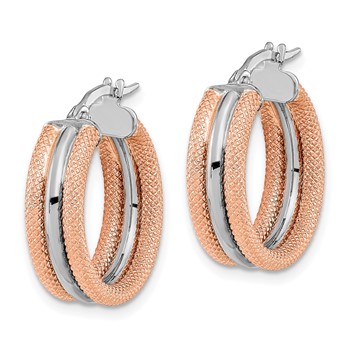 14K White Gold w/ Rose Rhodium Polished and Textured Hoop Earrings — alternate view
