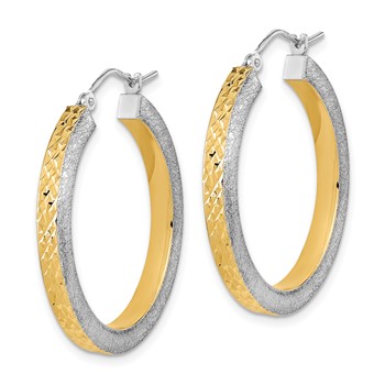 14K White Gold Yellow Rhodium Polished Brushed Diamond-cut Hoop Earrings — alternate view