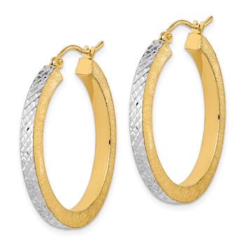 14K w/White Rhodium Polished Satin Diamond-cut Hoop Earrings — alternate view