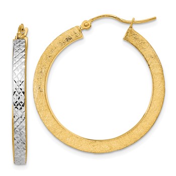 14K w/White Rhodium Polished Satin Diamond-cut Hoop Earrings