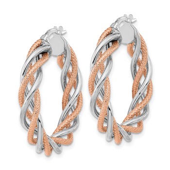 14K White Gold Rose Rhodium Polished and Textured Twisted Hoop Earrings — alternate view