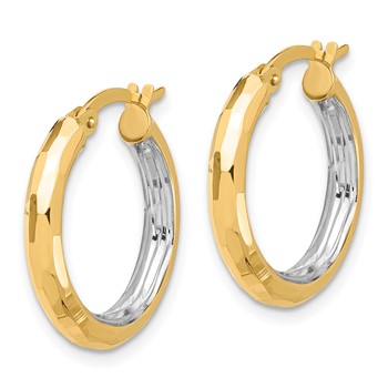 14K with White Rhodium Polished and Diamond-cut Hoop Earrings — alternate view