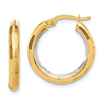14K with White Rhodium Polished and Diamond-cut Hoop Earrings