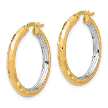 14K with White Rhodium Polished and Diamond-cut Hoop Earrings — alternate view