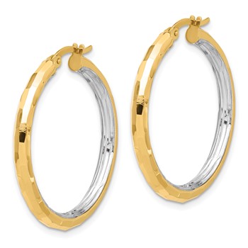 14K with White Rhodium Polished and Diamond-cut Hoop Earrings — alternate view