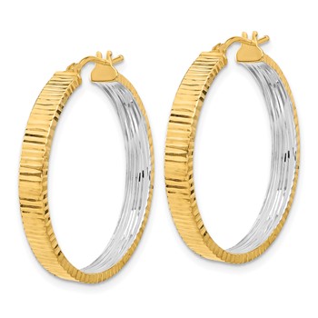 14K Polished and Rhodium Diamond-cut Circle Hoop Earrings — alternate view