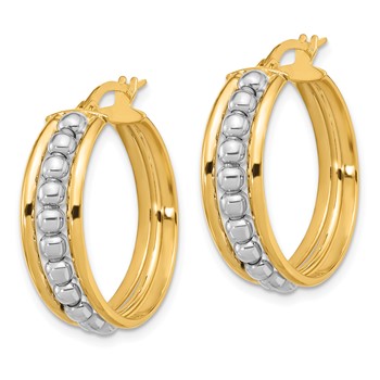 14K Two-tone Polished and Beaded Hoop Earrings — alternate view