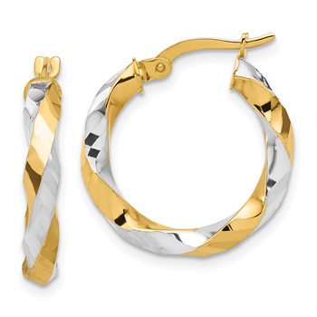 14K with White Rhodium Polished and Diamond-cut Twisted Hoop Earrings