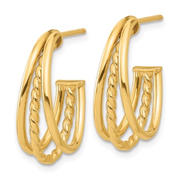 14K Polished and Twist Oval Multi Row J-Hoop Post Earrings — alternate view
