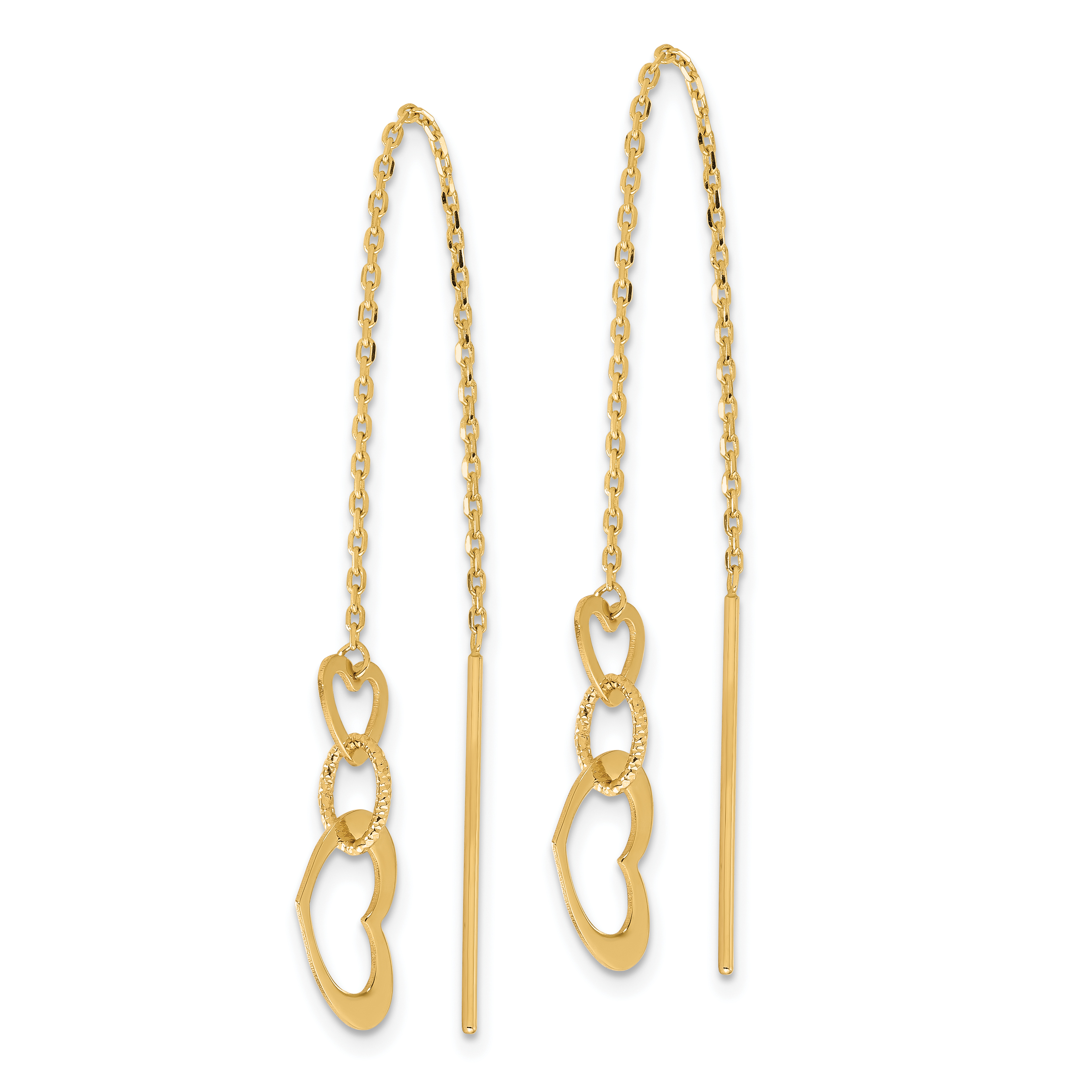 Hearts Dangle and Chain Threader Earrings 14k Yellow Gold 44.7x11.4mm Women's detailed image 2