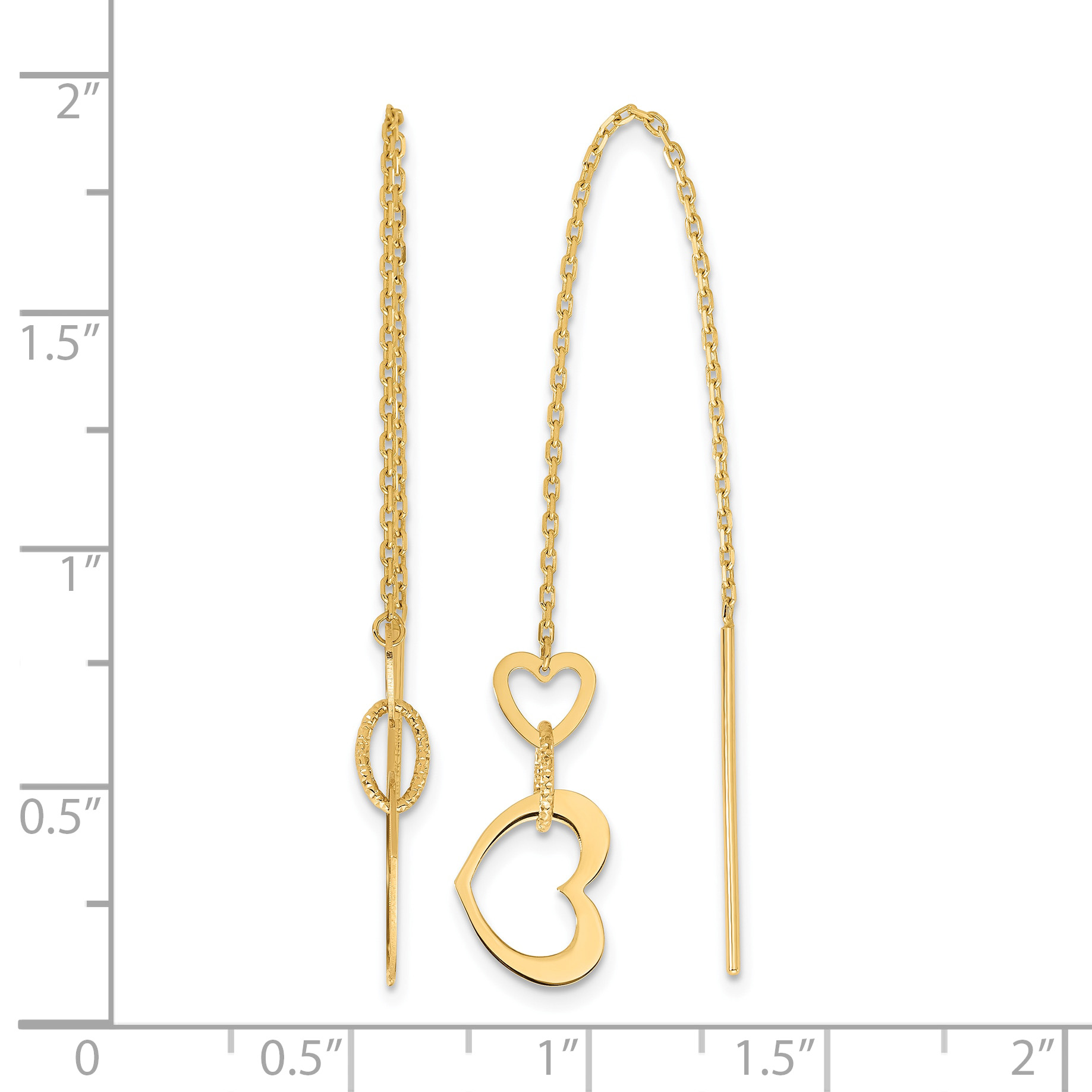 Hearts Dangle and Chain Threader Earrings 14k Yellow Gold 44.7x11.4mm Women's detailed image 4