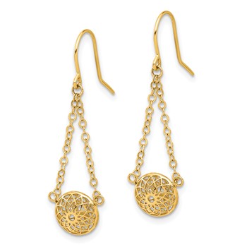 14k Polished Cut-Out Filigree Bead and Chain Dangle French Hook Earrings — alternate view