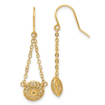 14k Polished Cut-Out Filigree Bead and Chain Dangle French Hook Earrings
