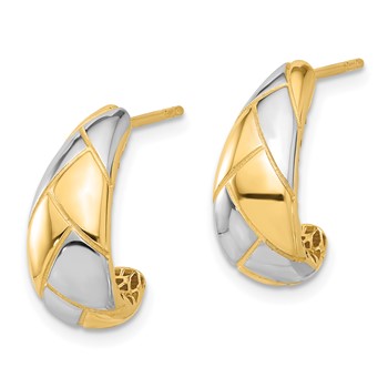 14K with White Rhodium Polished and Etched J-Hoop Post Earrings — alternate view