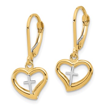 14K Two-tone Polished Cross in Heart Dangle Leverback Earrings — alternate view