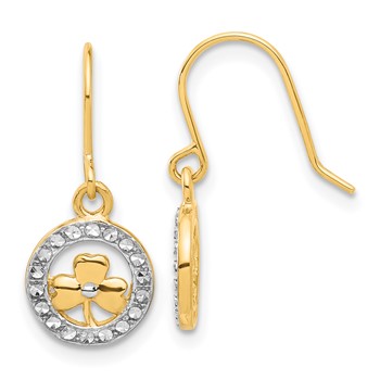 14k and White Rhodium Diamond-cut Clover in Circle Dangle French Hook Earrings