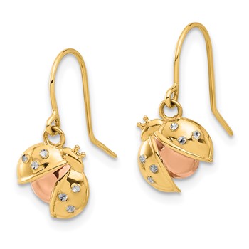 14k with Rose and White Rhodium Diamond-cut Ladybug Dangle French Hook Earrings — alternate view