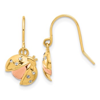 14k with Rose and White Rhodium Diamond-cut Ladybug Dangle French Hook Earrings