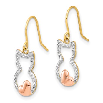 14k w/Rose and White Rhodium D/C Cat Outline Dangle Earrings — alternate view