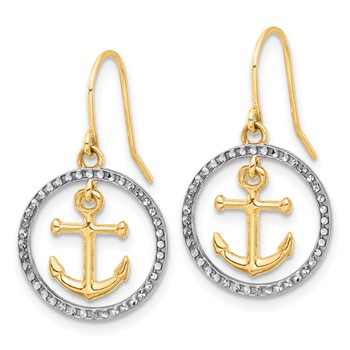 14k and White Rhodium Diamond-cut Anchor Dangle in Circle French Hook Earrings — alternate view