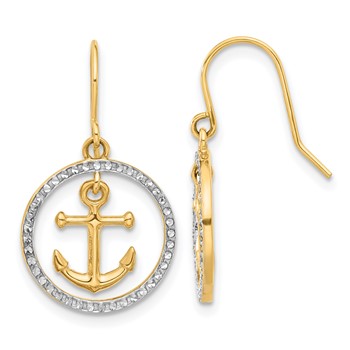 14k and White Rhodium Diamond-cut Anchor Dangle in Circle French Hook Earrings