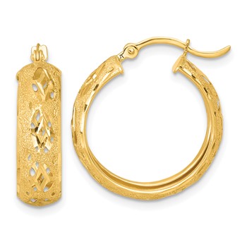 14k Polished Laser and Diamond-cut 6.15x21mm Fancy Design Round Hoop Earrings