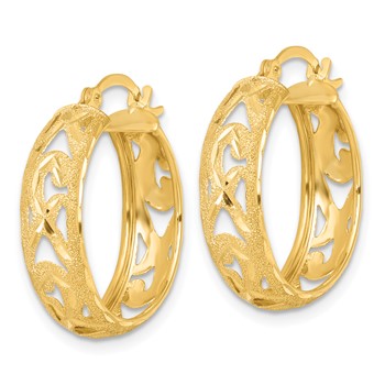 14k Polished Laser and Diamond-cut 6.15x21mm Fancy Design Round Hoop Earrings — alternate view