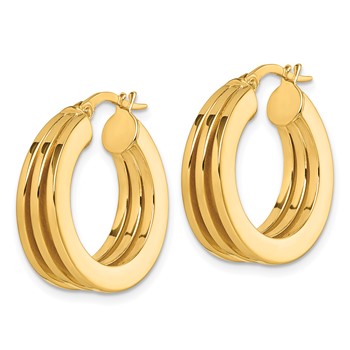 14K Polished Triple Row 6.6mm x 20mm Square Tube Round Hoop Earrings — alternate view
