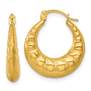14k Polished and Textured Scalloped Hollow Hoop Earrings