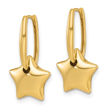 14k Polished Dangle Puffed Star Hinged Hoop Earrings — alternate view